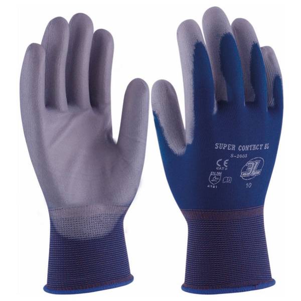 Guante de protección con soporte de nylon azul sin costuras con la palma cubierta en poliuretano gris.