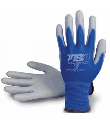 Guante de trabajo con soporte de nylon azul, muy resistente a la abrasión y recubierto en la palma de poliuretano