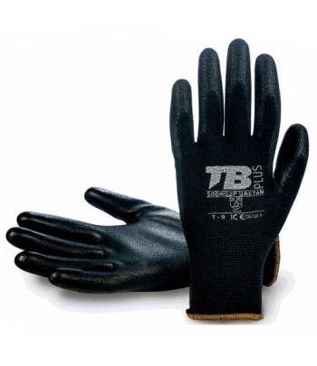 Par de guantes para trabajo fabricados en poliéster negro y recubiertos con poliuretano negro