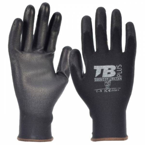 Par de guantes para trabajo fabricados en poliéster negro y recubiertos con poliuretano negro