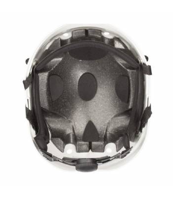 Casco de seguridad para trabajos en altura ergonómico, con barboquejo de 4 puntos y ajuste mediante ruleta.