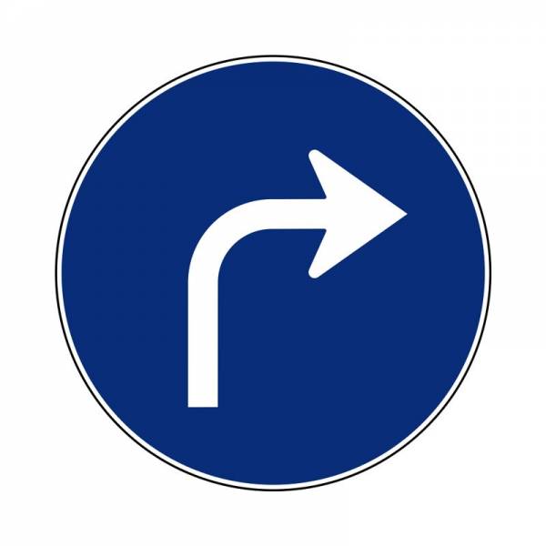 Señal circular vial para señalizar paso de giro obligatorio hacia la derecha en una vía