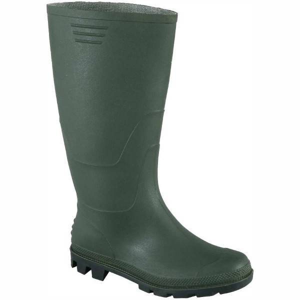 Bota de agua de PVC verde con suela resistente a hidrocarburos, grasas animales y aceites vegetales.