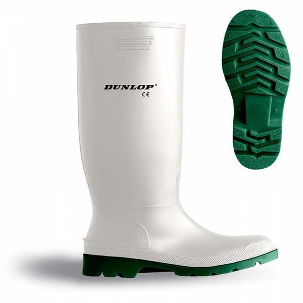 Bota de agua blanca marca Dunlop con suela resistente a hidrocarburos