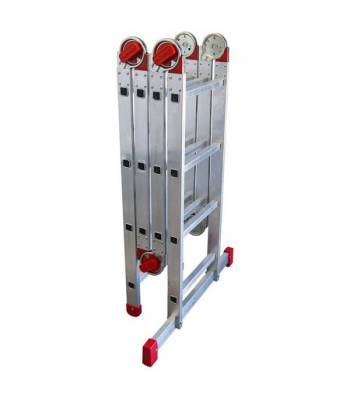 Escalera de aluminio con tres posiciones de trabajo, 14 peldaños y articulada mediante un sistema de bisagras patentado.
