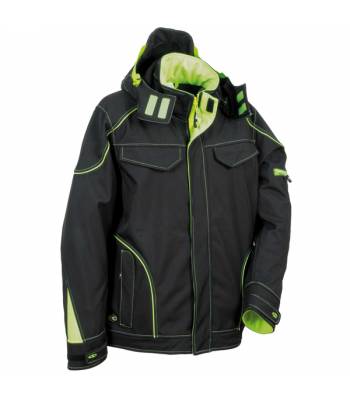 Cazadora tipo softshell elástico con varios bolsillos y capucha ajustable Cazadora tipo softshell elástico con varios bolsillos y capucha ajustable