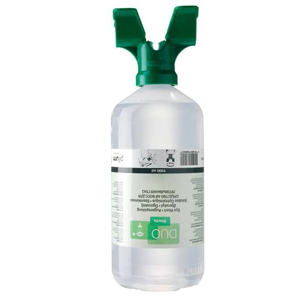 Botella lavaojos con solución salina y dosificador dual (1 litro) senyals