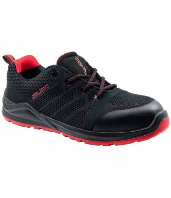 Zapato de trabajo tipo deportivo en color rojo y negro, diseñado para trabajos donde es necesario un calzado ligero